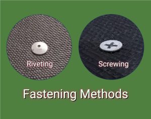 Illustrations of depicting the riveting and screwing methods of fastening composite boards to metal profiles.