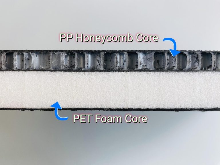 An image depicting a side view comparison of sandwich-structured Composite Floors, showcasing the differences between floors with honeycomb and foam cores.